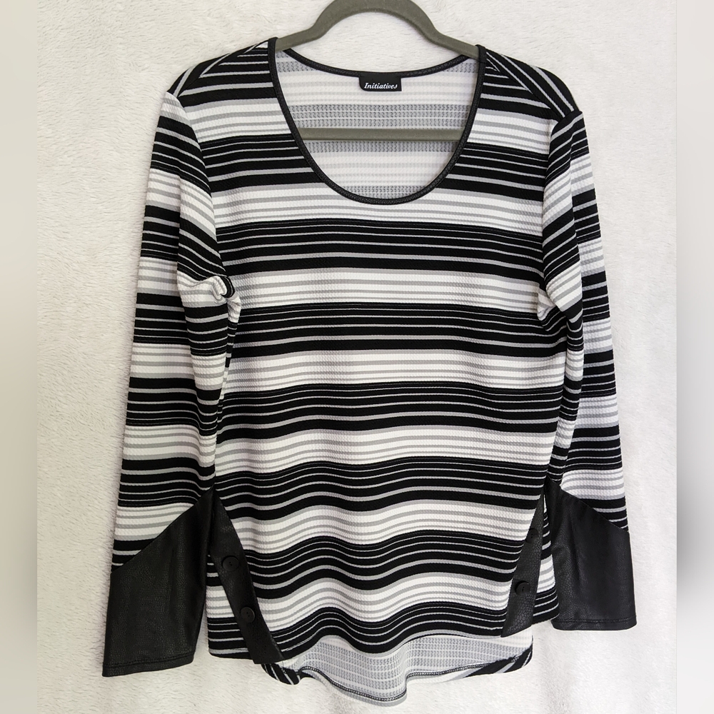 Initiatives Striped Texture Long Sleeve Shirt, Large, Black and White